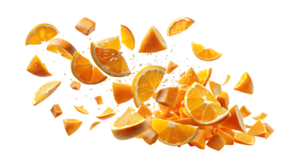 Explosion of Fresh Sliced Oranges and Orange Chunks with Granular Material
