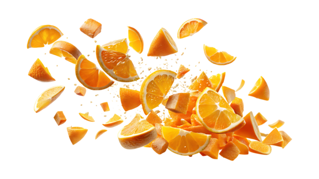 Explosion of Fresh Sliced Oranges and Orange Chunks with Granular Material