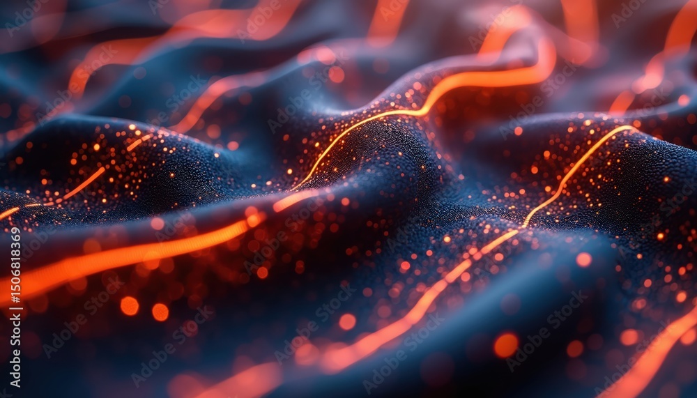 Poster futuristic tech-wear fabric texture. macro photo of patterned textile with digital glowing lines, do
