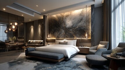 Elegant bedroom suite featuring a king-size bed, luxurious seating area, and a stunning accent wall that adds a touch of artistic flair.