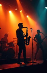 Silhouette of a jazz band performing on stage at a concert. Saxophonist plays music under bright lights. Musicians perform with passion. Entertainment event with sound. Live performance in music club.