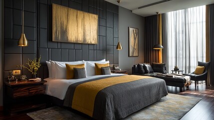 Elegant bedroom with dark accents and gold touches. Comfortable bedding, artistic decor, and relaxing ambiance.
