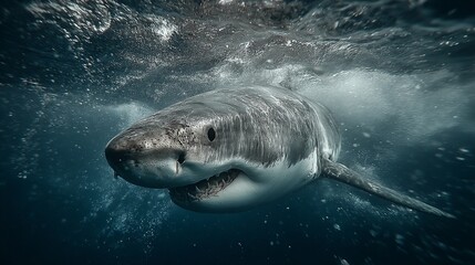 Naklejka premium Underwater portrait of a great white shark swimming just below the surface, captured in a natural, dark-blue ocean environment.