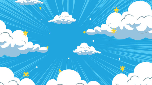 Comic cartoon blue background Cartoon Blue Sky Background with Clouds and Sunbursts Vector Illustration