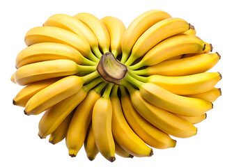 A bright yellow bunch of ripe bananas radiating on a white background