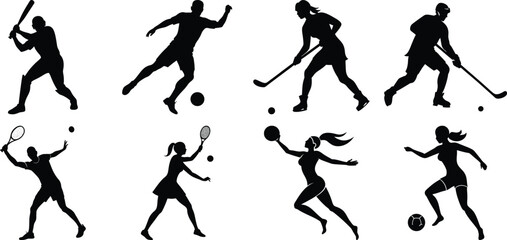 Sportsman various sports activities silhouette set. vector collection on transparent background