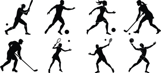 Sportsman various sports activities silhouette set. vector collection on transparent background
