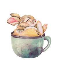 Cute beige bunny sleeping in a rustic style green metal enamel garden mug delicate watercolor illustration cozy children composition natural soft palette isolated on white background