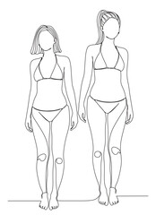 continuous single line art of two sexy women standing in bra and panties. vector illustration