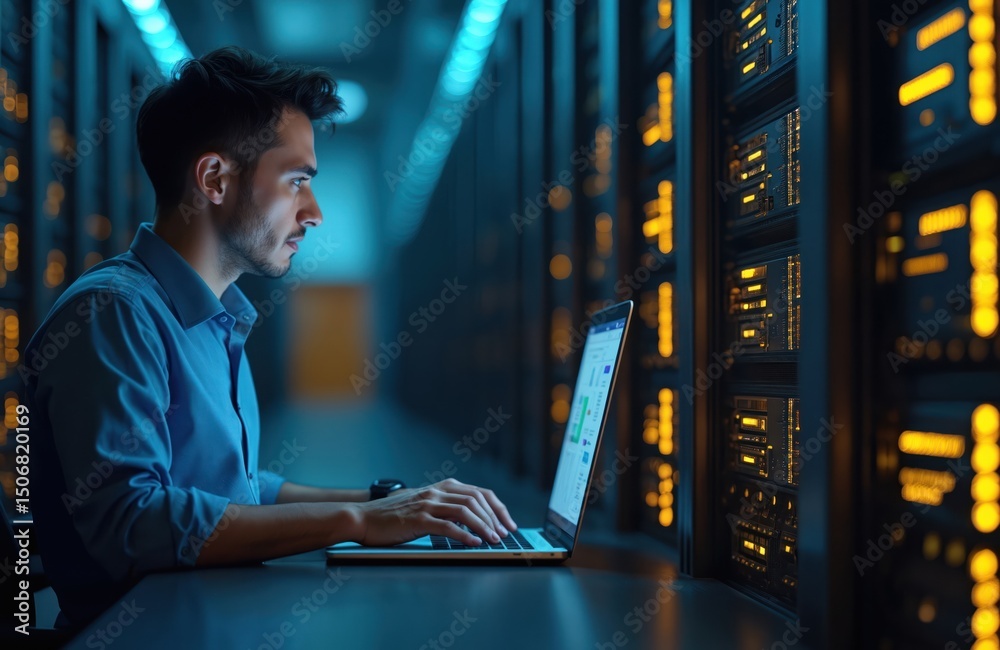 Poster Male IT engineer working laptop server room. Data center with illuminated servers. Modern tech, cyberspace, security, data management, cloud computing, internet service, automation, online process.