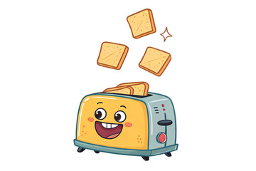 A cheerful cartoon toaster launching slices of toast into the air with a big smile. Great for kids’ products, food blogs, social media graphics, and humorous branding.