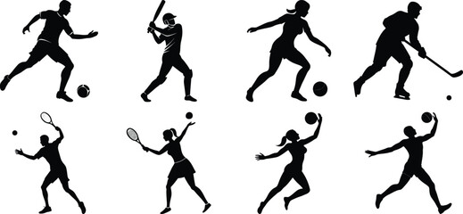 Sportsman various sports activities silhouette set. vector collection on transparent background