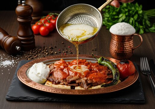 Traditional Turkish cuisine food iskender kebab with melted butter, sauce, pita bread, tomato, pepper and yogurt.