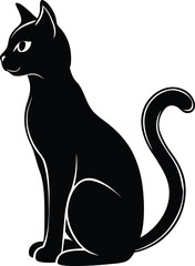 Elegant Black Cat Silhouette with Curled Tail and White Outline