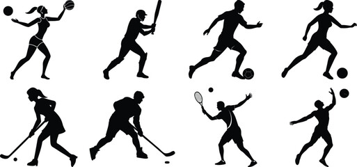 Sportsman various sports activities silhouette set. vector collection on transparent background