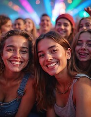Obraz premium Happy young people at concert. Cheerful faces, big smiles, excited audience at music festival. Crowd of teenagers, friends taking selfie. Group of smiling young people at outdoor youth event.