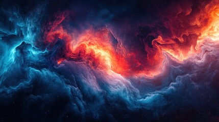 Fototapeta premium Vibrant cosmic cloud with swirls of blue and orange against a dark backdrop.
