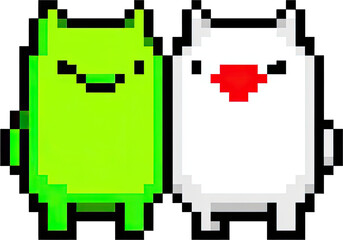 Two pixelated characters against a black background.