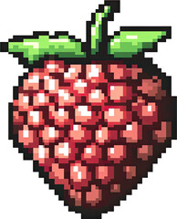 Pixelated raspberry with green leaves.
