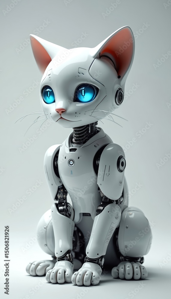 Aufkleber White robotic cat illustration with blue eyes, futuristic pet. 3D rendering of AI-powered cat robot, cybernetic feline, android concept. Modern tech design for sci-fi projects, innovation.