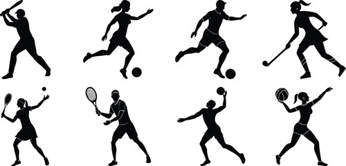 Sportsman various sports activities silhouette set. vector collection on transparent background