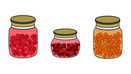 Set of three jam jars: apricot, strawberry and cherry, suitable for packaging design, culinary blogs, recipes, menus, posters.