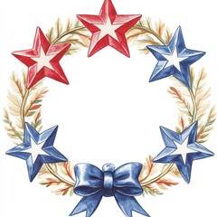 Obraz premium Patriotic watercolor wreath clipart with ribbon and star-stripe details - clean isolated background 