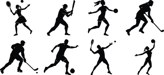 Sportsman various sports activities silhouette set. vector collection on transparent background