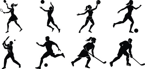 Sportsman various sports activities silhouette set. vector collection on transparent background