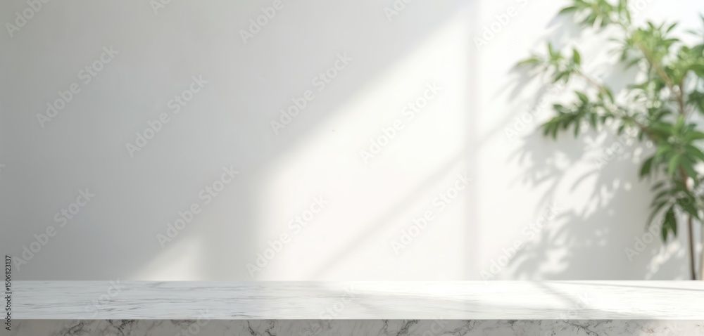 Poster Minimalist studio backdrop with white wall table. Shadow and light overlay with a leaf. Empty gray stage. Minimal scene for product display, beauty, kitchen mockup.