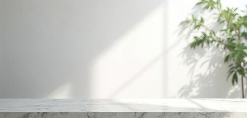 Minimalist studio backdrop with white wall table. Shadow and light overlay with a leaf. Empty gray stage. Minimal scene for product display, beauty, kitchen mockup.