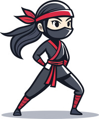 Cute Female Ninja in Battle Pose – Vector Cartoon Illustration