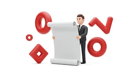 Businessman Holding Blank Paper Scroll Surrounded by Red Geometr