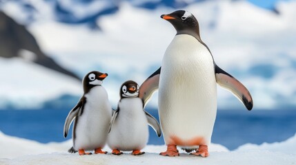 Obraz premium Charming Gentoo Penguins with Chicks in Icy Antarctic Landscape