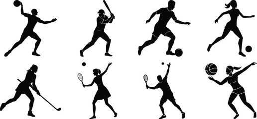 Sportsman various sports activities silhouette set. vector collection on transparent background