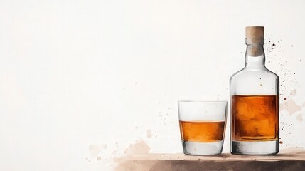 Elegant Watercolor Illustration of Whiskey Bottle and Glass on Minimalist Background with Subtle Splash Effects