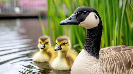 Obraz premium Caring Mother Goose with Adorable Ducklings in Calm Water