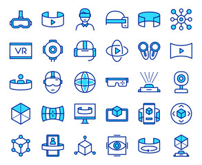 Virtual & Augmented Reality Line Icons Set: Metaverse, VR Headset, Digital Experience & Futuristic Technology Symbols. Editable Vector
