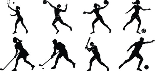 Sportsman various sports activities silhouette set. vector collection on transparent background