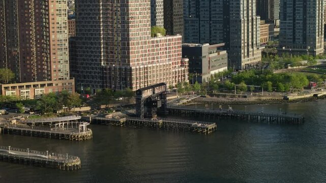 Aerial view of Gantry Plaza State Park. Shot in Long Island City, Queens on a spring day.