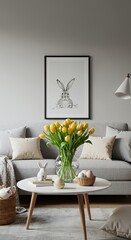 Easter bunny and yellow tulips in a modern living room