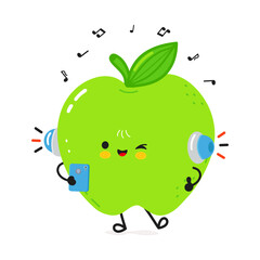 A happy Apple cartoon character enjoying music and holding his phone in his hand.