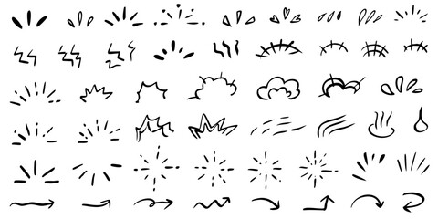 Line marker hand drawn brush arrow element set. Sketch pencil stroke vector graphic pen underline scribble icon. Hand drawn line heart, crown, star symbol highlight marker shape. Vector illustration