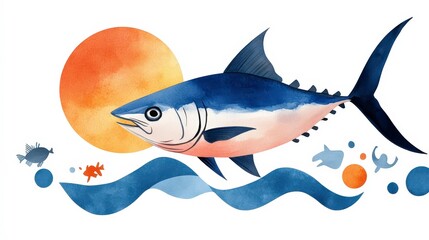Vibrant Watercolor Artwork of a Tuna Fish Swimming in the Sea with Colorful Elements