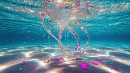 serene underwater environment, streams glitter fluid flow gracefully, colorful sand particles. Neon blue pink specks life. holographic marble mystical footage crisp, cinematic focus on fluid 4k video - Powered by Adobe