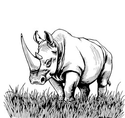 Fototapeta premium Rhino in the Grass: A striking monochrome line art illustration depicts a powerful rhinoceros standing in tall grass, showcasing its impressive horn and textured hide.