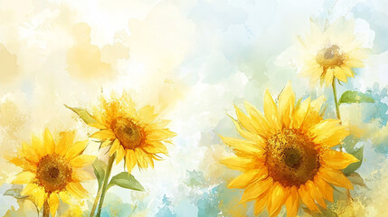 Obraz premium 青空とひまわりのイラストgenerative ai