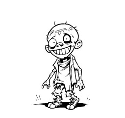 Smiling Zombie Kid: A playful monochrome line art illustration depicts a cute, cartoonish zombie child with a mischievous grin, tattered clothes, and sneakers.