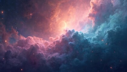 Abstract illustration of space nebula with soft pastel colors, stars, universe. Cosmic dreamy scene, celestial galactic background for design, science. Night sky, starry, dreamy, fantasy, galaxy.