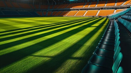 Obraz premium Empty Stadium Seats and Sunlit Grass: A Serene Sporting Scene